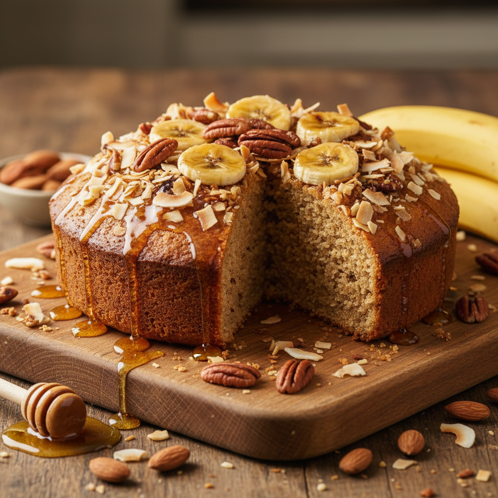 Almond Butter Protein Cake with honey, coconut, pecans and banana
