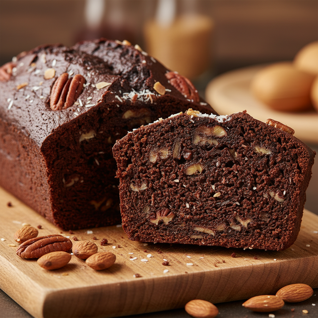Almond butter cocoa protein cake with pecans, coconut and banana baked inside